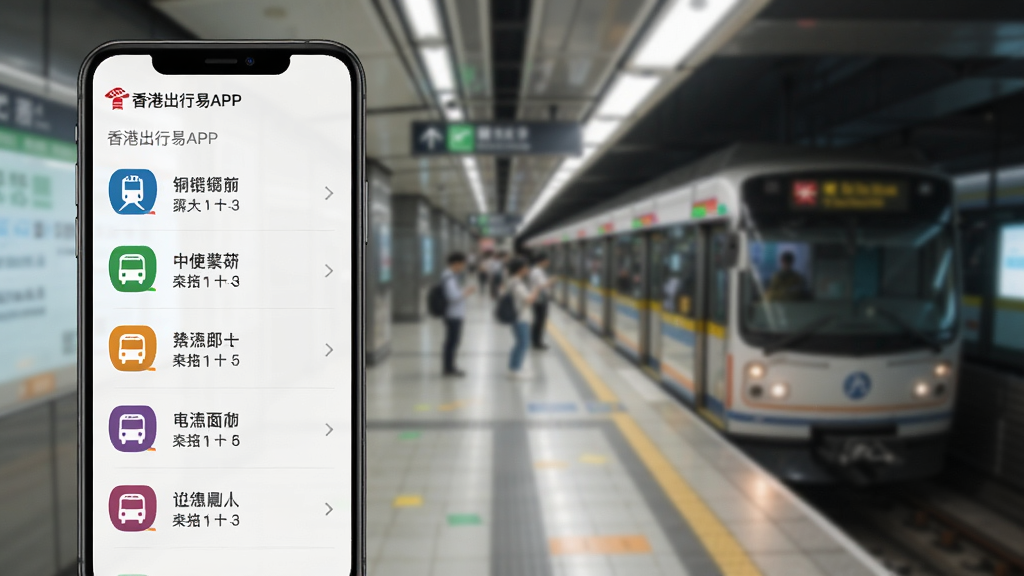 香港出行易APP的路线规划界面,显示从铜锣湾到中环的多种交通方案,列表形式呈现,包含港铁图标和巴士图标,背景是模糊的香港地铁站,界面简洁,排版清晰,风格现代,画质高清,干净无多余元素