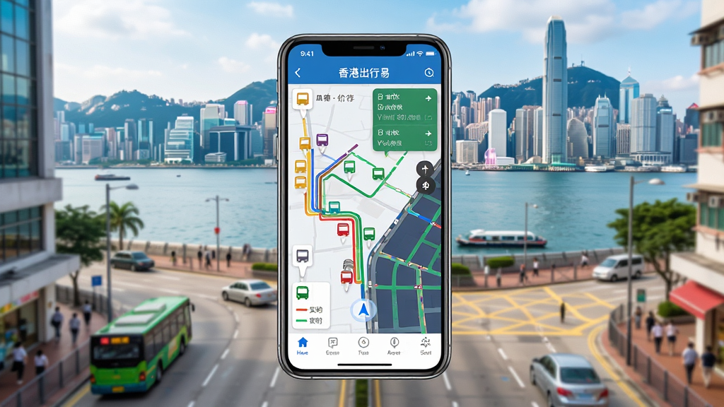 一张展示香港繁华街道的俯视图,画面中央是一部智能手机,屏幕清晰显示“香港出行易”APP的导航界面,界面包含彩色公交路线和实时路况信息,背景是维多利亚港和天际线,整体风格明亮写实,突出科技感与城市活力,画质高清,干净无多余元素