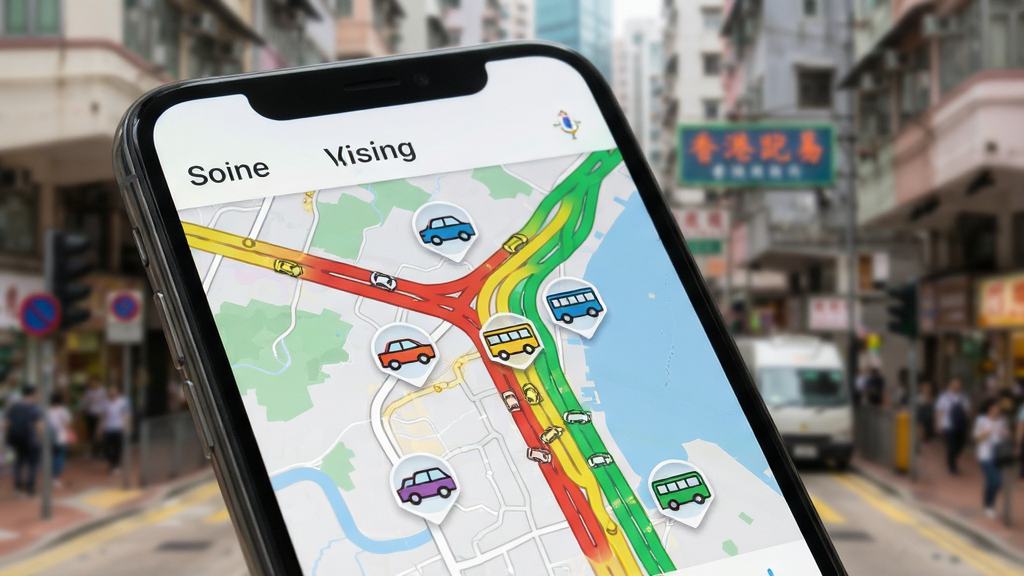手机界面特写,显示“香港出行易”的实时交通地图,道路以红黄绿三色标注,地图上浮动着小汽车和巴士图标,背景虚化的香港街景,构图清晰,排版整洁,风格写实,画质高清,干净无多余元素