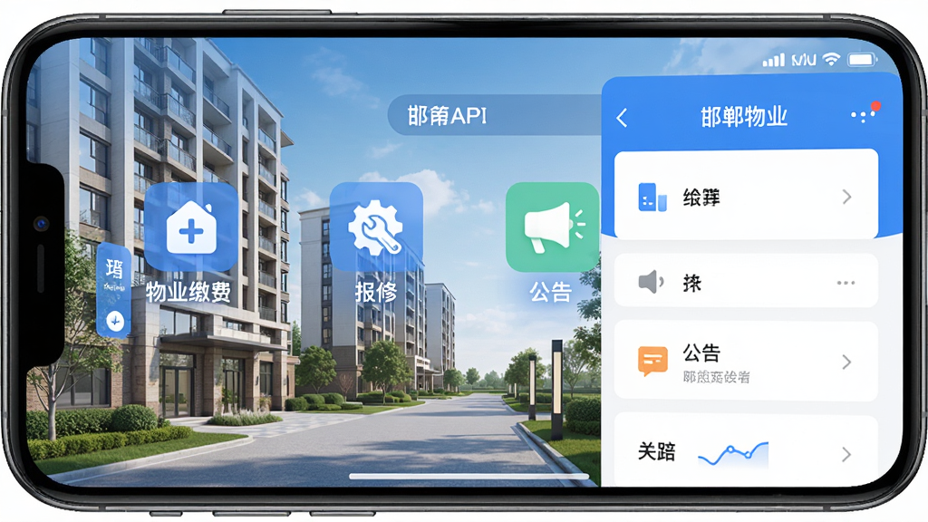 邯郸物业APP主界面展示,手机屏幕显示物业缴费、报修、公告等核心功能图标,背景为现代社区楼宇,整体色调以蓝色和白色为主,界面简洁清晰,风格写实,高画质,干净,无多余元素