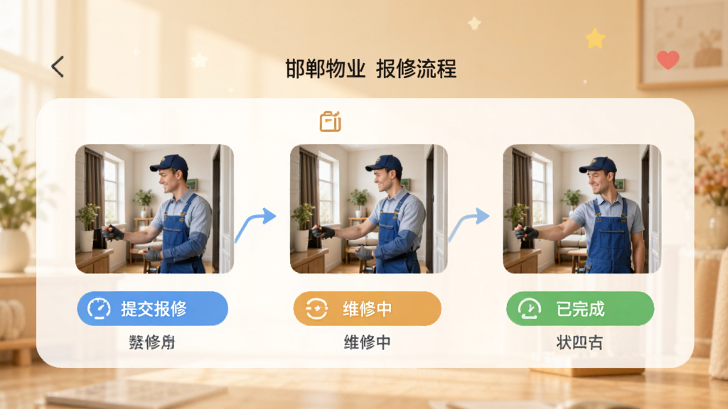 邯郸物业APP报修流程界面,展示提交报修、维修中、已完成三个状态节点,配有维修师傅上门服务图片,背景为暖色调,风格温馨,高画质,干净