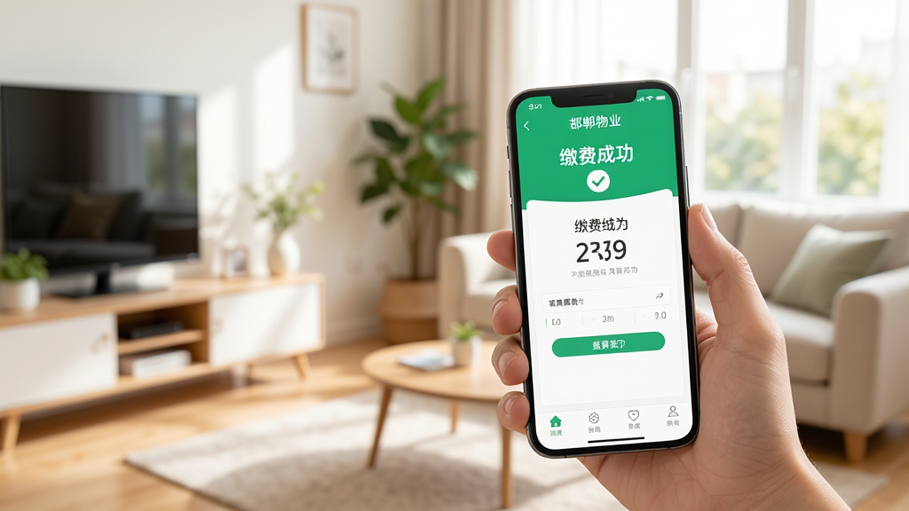 用户手持手机使用邯郸物业APP,屏幕显示缴费成功页面,背景为明亮的客厅,风格自然,高画质,干净