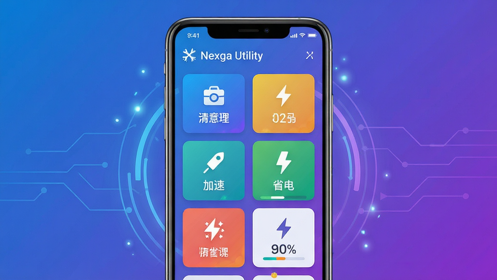 主体:Nexga Utility 软件主界面展示,一部智能手机屏幕显示其系统优化仪表盘。布局:手机居中,界面清晰显示清理、加速、省电等核心功能图标。排版:功能图标采用网格排列,色彩鲜明。风格:现代科技感,扁平化设计,蓝紫渐变主色调。细节:界面数字与进度条清晰可见,手机周围有微弱的科技光效。画质:高清渲染,干净,无多余元素。
