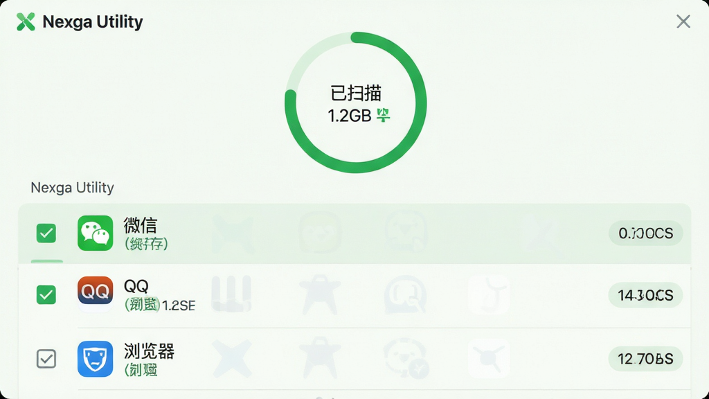 主体:Nexga Utility 的垃圾清理功能界面。布局:屏幕上方显示扫描进度环,下方列出可清理的缓存文件列表。排版:列表项带有复选框和文件大小标签。风格:清爽的浅色界面,绿色主色调。细节:进度环显示“已扫描 1.2GB”,列表项包含微信、QQ、浏览器等应用缓存。画质:UI截图风格,高清晰度,干净,无多余元素。