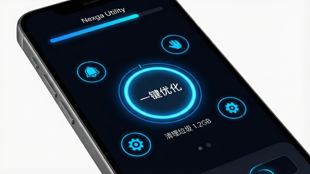 主体:Nexga Utility 在手机上的运行截图,展示“一键优化”按钮。布局:手机屏幕中央为圆形加速按钮,周围环绕功能图标。排版:简洁清晰,按钮下方有“清理垃圾 1.2GB”字样。风格:深色模式,蓝色霓虹光效。细节:屏幕顶部显示优化进度条,手机外壳有金属质感。画质:超清渲染,干净,无多余元素。
