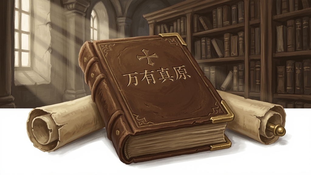 一幅知识类插画,主体是一本厚重的圣书与卷轴,背景是古老的修道院图书馆书架,光线从窗户斜射进来,布局为平视视角,风格古典庄重,细节中书籍封面刻有“万有真原”字样,画质细腻,干净,无多余元素。