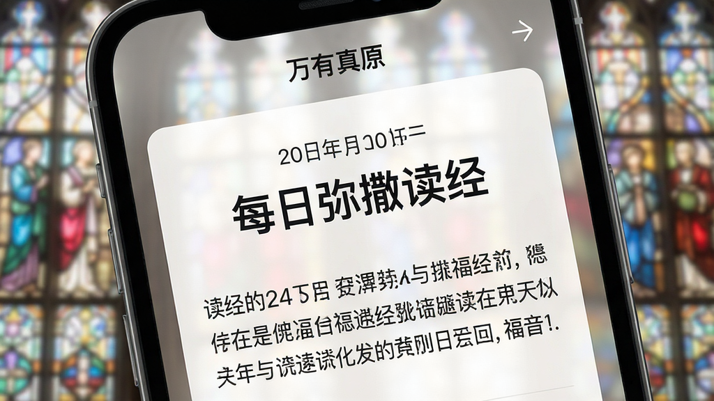 一幅手机应用界面特写,主体为“万有真原”的每日读经页面,显示日期、读经标题与福音选段,界面设计简洁清晰,背景是淡雅的教堂彩色玻璃光影,布局规整,风格现代且庄重,细节突出文字“每日弥撒读经”,画质干净,无多余元素。