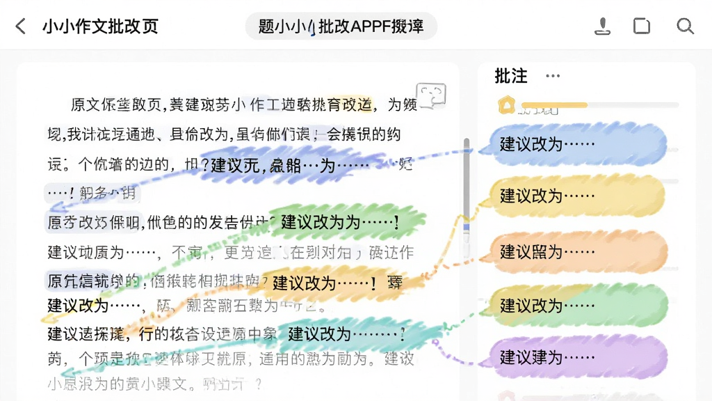 主体:题小小作文批改APP的批改详情页,一段作文原文,下方有多条彩色批注气泡。布局:左侧为作文原文,右侧为批注区,背景为白色。排版:批注气泡指向具体句子,清晰明了。风格:简洁教学风。细节:气泡内有“建议改为……”等文字,画质高清,干净无多余元素。