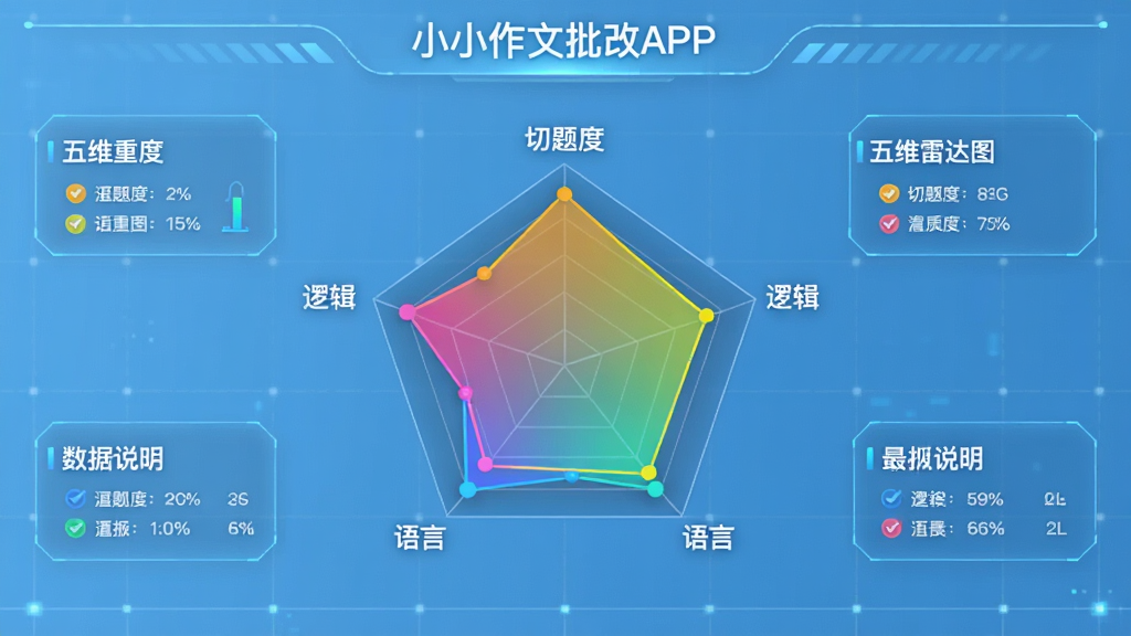 主体:题小小作文批改APP的“五维雷达图”界面,五个维度分别标注,颜色鲜艳。布局:雷达图位于中央,周围有数据说明,背景为浅蓝色科技感网格。排版:图表清晰,数据可视化。风格:现代教育科技。细节:雷达图上有“切题度”“逻辑”“语言”等字样,界面干净,画质高清。