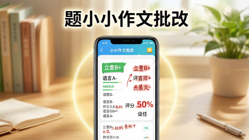 主体:题小小作文批改APP界面,手机屏幕展示作文批改结果,旁边有红色批注和评分,背景是温馨的书桌和绿植。布局:手机居中,界面清晰,周围有柔和的光晕,上方有“题小小作文批改”字样。排版:简洁大方,文字醒目。风格:教育科技感,明亮清新。细节:界面显示“立意B+”“语言A-”等评价,色彩丰富,画质高清,干净无多余元素。