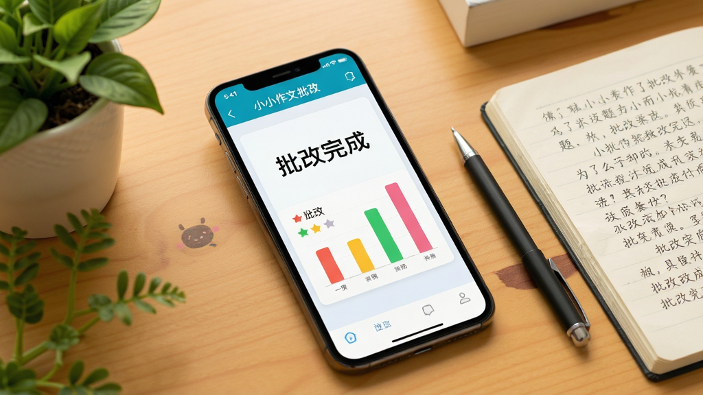 主体:一部手机正在运行题小小作文批改,屏幕显示“批改完成”的界面,旁边有一支笔和作文本。布局:手机斜放,左右有绿植点缀,背景为暖色书桌。排版:画面协调,文字“批改完成”清晰可见。风格:生活化教育场景。细节:手机屏幕有彩色评分图表,画质高清,干净无多余元素。