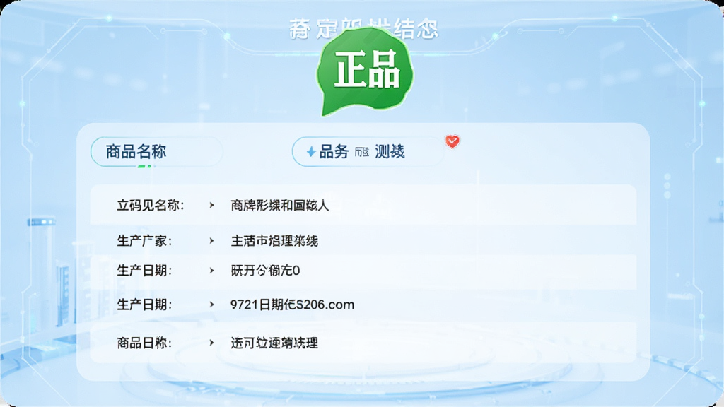 主体为立码见真软件的品牌验证结果页面,页面顶部显示“正品”绿色标识,下方列出商品名称、生产厂家、生产日期等详细信息,背景为浅蓝色科技感界面,页面布局规整,数据列表清晰,风格简洁专业,细节丰富,画质高清,干净无多余元素