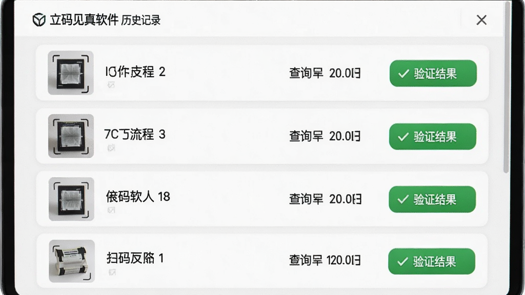 主体为立码见真软件的历史记录列表界面,屏幕中显示多条扫描记录,每条记录包含商品缩略图、名称、查询时间和验证结果状态,背景为白色界面,列表排列整齐,风格简洁明快,细节丰富,画质高清,干净无多余元素