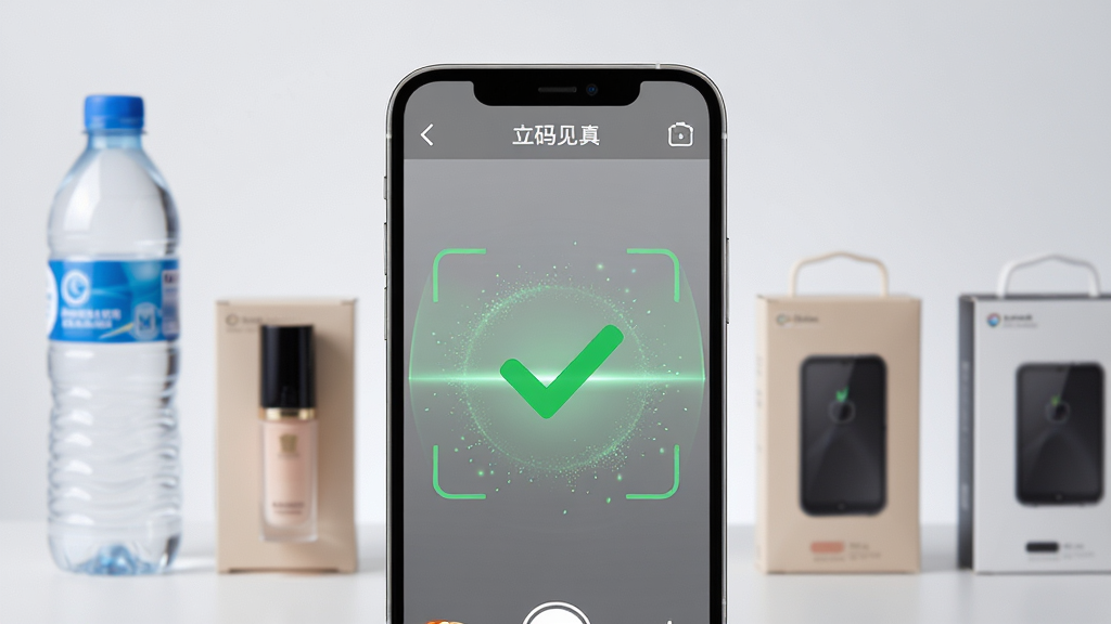 主体为一部智能手机屏幕正显示立码见真软件的扫描界面,界面干净简洁,屏幕中央有一个醒目的绿色对勾图标,周围有微弱的扫描光线和细小粒子效果,背景为柔和的浅灰色渐变,手机旁边放置几件常见商品如矿泉水瓶、化妆品盒、电子产品包装,整体布局平衡,排版清晰,风格现代简约,细节丰富,画质高清,干净无多余元素