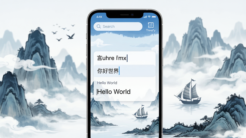 主体:一部智能手机屏幕显示言赴山海翻译应用界面,界面中央有中英互译的输入框和译文结果,背景为水墨山海经风格的山海景象,云雾缭绕,远处有飞鸟和帆船;布局:手机居中,界面元素清晰可辨,背景与手机形成前后层次;排版:手机界面内文字内容醒目,背景留白适度;风格:现代科技感与中国风融合,色彩淡雅,以蓝白和墨色为主;细节:屏幕中可以看到输入框内中文