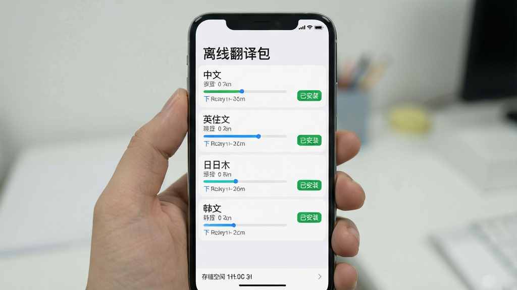 主体:手机设置页面显示离线翻译包下载列表,包含中文、英文、日文、韩文等多个语言包,每个语言包有下载进度条和大小标注,已完成的显示