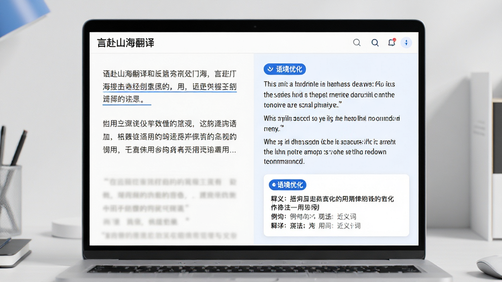 主体:笔记本电脑屏幕打开言赴山海翻译网页版,左侧为原文段落,右侧为智能翻译结果,原文中包含一句英文俚语,译文下方有释义和用法标注;布局:电脑屏幕居中,界面分区清晰,背景为简洁的书桌环境;排版:左侧原文与右侧译文形成对比,底部有释义卡片;风格:简洁商务风,浅色背景,蓝色点缀;细节:原文句子下方有下划线,译文区有