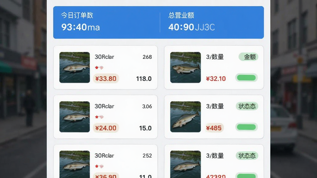 意钓商户端订单管理界面截图预览图,画面中心为订单列表页面,顶部显示今日订单数和总营业额,下方为若干订单卡片,包含商品缩略图、数量、金额和状态标签,整体布局扁平化,蓝白配色,风格清爽,细节展示订单状态颜色区分,画质清晰干净,无多余元素