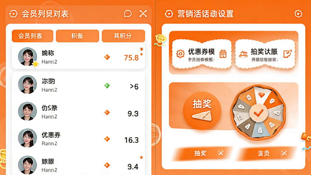 意钓商户端会员营销功能展示图,画面分为左右两部分,左侧是会员列表,显示会员头像、昵称和积分,右侧是营销活动设置面板,包含优惠券模板和抽奖转盘样式,整体布局规整,配色以橙色和白色为主,风格活泼明快,细节体现功能按钮,画质干净,无多余元素