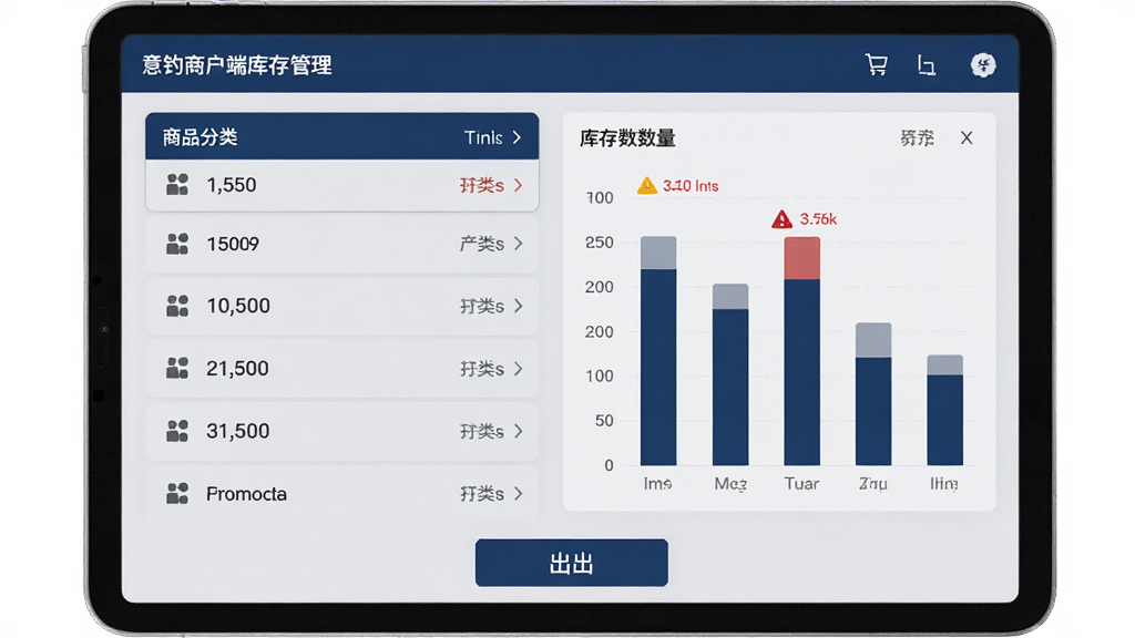意钓商户端库存管理界面示意图,主体为平板电脑屏幕,屏幕中显示商品分类列表,右侧为库存数量条形图,底部有导出按钮,整体采用深蓝与浅灰配色,风格商务大气,细节展示库存数字和预警标识,画质清晰细腻,无多余元素