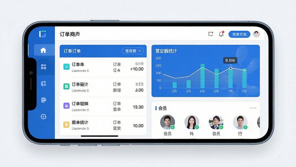 一幅展示意钓商户端软件界面的高清渲染图,主体为智能手机屏幕,屏幕内显示商户后台管理面板,包含订单列表、营业额统计图表、会员头像等元素,布局左右对称,色彩以蓝色和白色为主,风格简洁现代,细节突出数据清晰,画质细腻干净,无多余元素