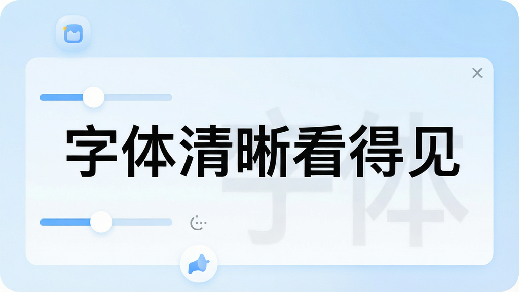 字体放大调整助手主界面预览图,展示简洁的调节滑块和实时预览窗口,背景为浅蓝色渐变,界面中央显示放大后的中文文字示例“字体清晰看得见”,图标风格圆润,整体布局清爽,画质干净,无多余元素