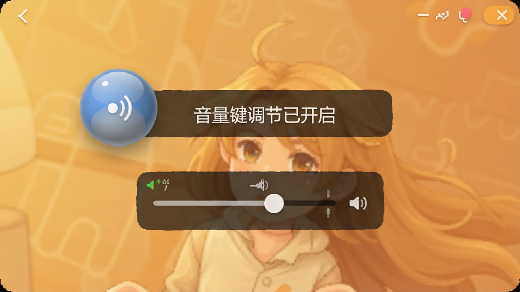 字体放大调整助手操作界面截图,展示悬浮球和音量键调节功能,背景为暖色调,界面有“音量键调节已开启”提示,文字清晰,画质干净,无多余元素