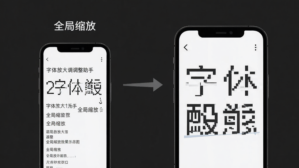 字体放大调整助手全局缩放效果示意图,左侧手机屏幕显示小字体界面,右侧手机屏幕显示放大后的清晰字体,两机并排对比,背景为深灰色,突出放大效果,文字标注“全局缩放”,画质高清,干净无杂物
