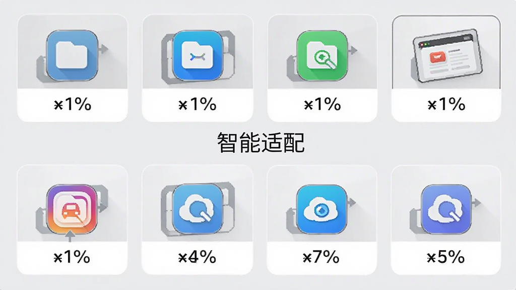 字体放大调整助手智能场景识别功能图,展示不同应用图标下方对应不同的缩放百分比,背景为淡灰色,界面以卡片式排列,中间有“智能适配”字样,画质清晰,简洁干净