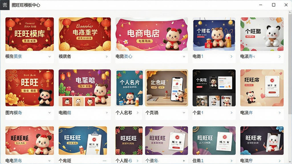 一张展示图旺旺模板库界面的截图,屏幕中排列着各种风格的精美模板缩略图,有节日海报、电商banner、个人名片等,画面色彩丰富,布局整齐,窗口顶部显示“图旺旺模板中心”字样,界面干净,画质清晰,无多余元素
