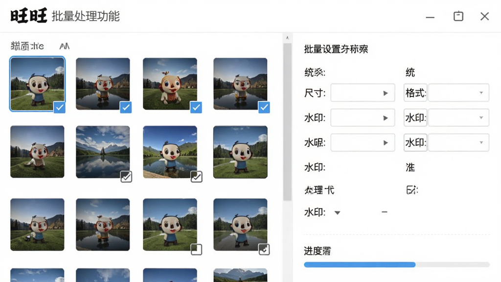 一张展示图旺旺批量处理功能的操作界面,左侧为图片列表,勾选多张图片,右侧为批量设置选项,如统一尺寸、格式、水印等,下方有进度条显示处理进度,整体风格简洁,功能区域划分明确,画质清晰,无多余元素