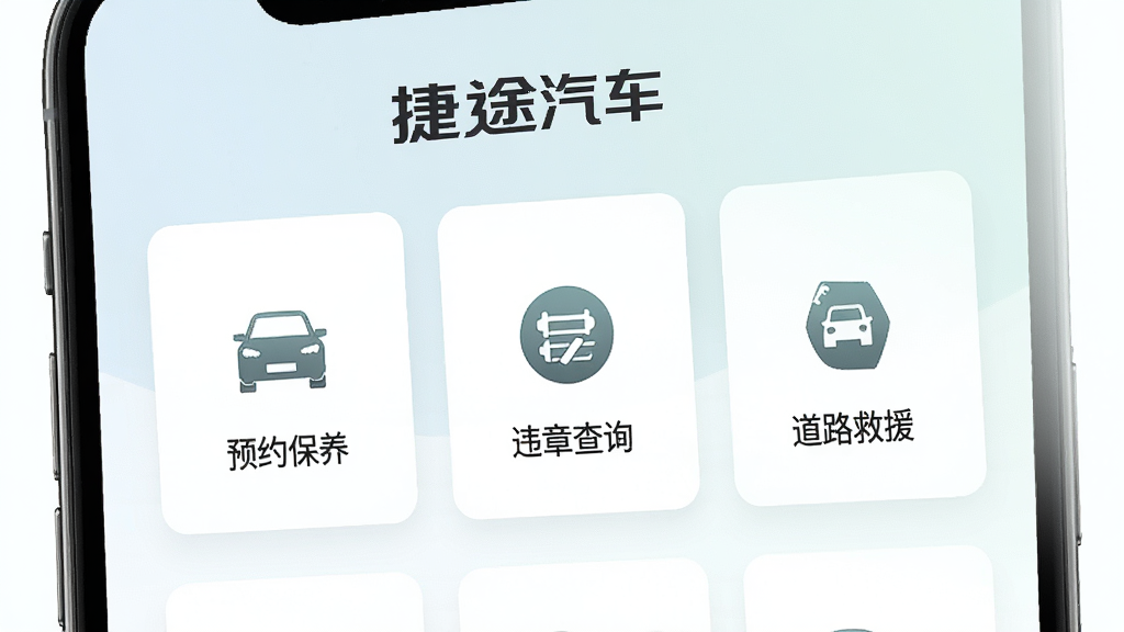 手机屏幕展示捷途汽车App的服务页面,包含预约保养、违章查询、道路救援等功能图标,背景为简洁的卡片式布局,突出“捷途汽车”品牌名称,配色清新淡雅,画质细腻,干净无多余元素
