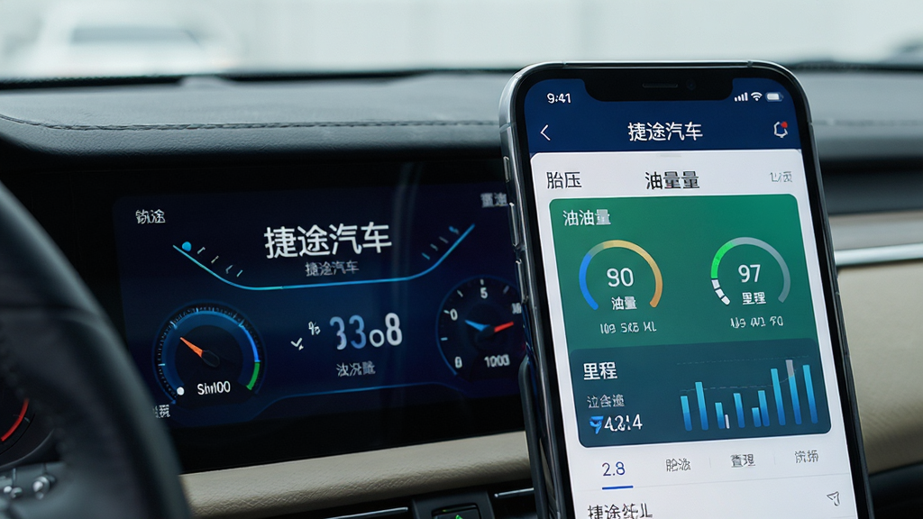 手机屏幕展示捷途汽车App的车况监测页面,显示胎压、油量、里程等数据图表,背景为简洁的仪表盘风格,突出“捷途汽车”品牌名称,整体色调科技感强,画面干净,细节清晰,画质优秀