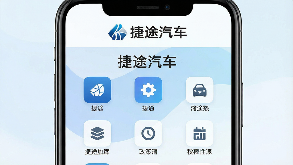 一张智能手机屏幕展示捷途汽车App主界面,界面顶部有“捷途汽车”品牌标识,下方功能图标排列整齐,背景为现代简约风格,配以柔和的蓝白渐变色调,整体画面清晰明亮,突出软件名称“捷途汽车”,画质细腻,干净无多余元素