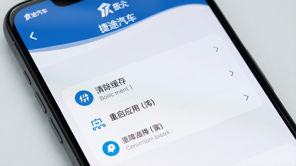 一张智能手机屏幕显示捷途汽车App的故障排查界面,包含清除缓存、重启应用等操作步骤,背景为简洁的设置界面,突出“捷途汽车”品牌名称,画面清晰,画质细腻,干净无多余元素