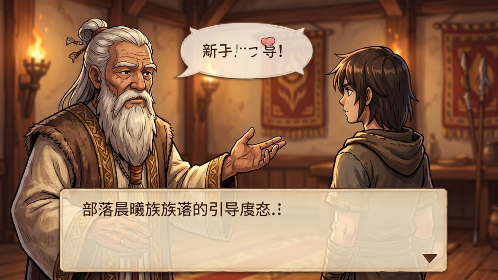 主体:晨曦族人游戏中的新手引导界面,一位长老正在向主角讲解部落历史。布局:对话界面位于画面下方,背景为部落大厅,人物半身像在左侧。排版:文字气泡清晰,人物立绘精致。风格:日系幻想手绘风格,暖色调。细节:长老的胡须和长袍纹理清晰,背景有火把和挂毯装饰。画质:高清立绘,画面干净,无多余元素。