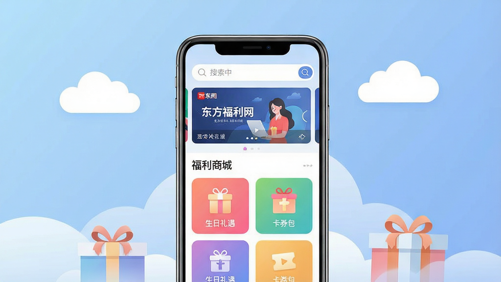 一幅现代简约风格的手机应用界面展示图,画面中央是一部智能手机,屏幕显示“东方福利网”APP首页,顶部有搜索栏和轮播横幅,下方是“福利商城”、“生日礼遇”、“卡券包”等彩色功能图标,整体布局清爽,背景为柔和的渐变蓝色,搭配白色云朵和礼物盒元素,风格扁平化,画质干净,无多余元素。