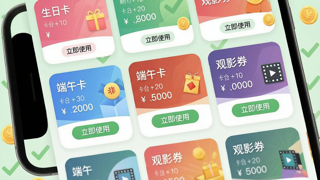 一张展示电子卡券管理界面的手机截图,屏幕上整齐排列着“生日卡”、“端午卡”、“观影券”等多张彩色卡片,每张卡片上标注着面值和有效期,下方有“立即使用”按钮,界面采用圆角卡片设计,背景是浅绿色的对勾和金币图案,整体风格简洁大方,画质干净,无多余元素。