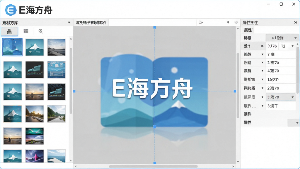 主体:E海方舟电子书制作软件的主界面展示,布局:左侧素材库,中间编辑区,右侧属性面板,排版:清晰的功能分区,风格:现代扁平化,细节:界面中显示“E海方舟”Logo,画质:高清,干净,无多余元素