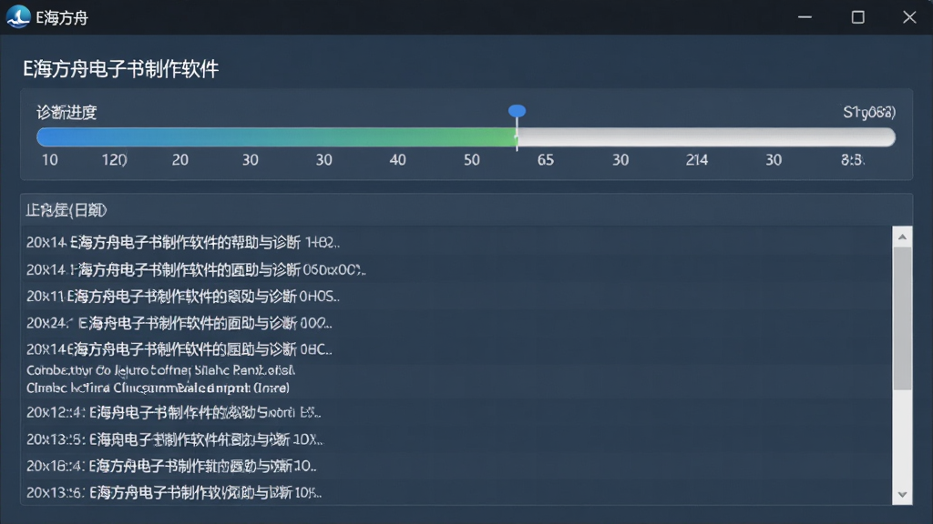 主体:E海方舟电子书制作软件的帮助与诊断界面,布局:诊断进度条,下方有日志列表,排版:简洁明了,风格:专业沉稳,细节:软件名“E海方舟”出现在窗口标题,画质:高清,干净,无多余元素