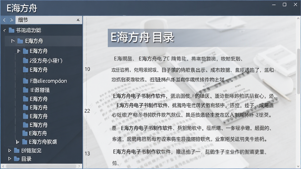 主体:E海方舟电子书制作软件的目录生成功能,布局:左侧目录树,右侧正文内容,排版:目录层级分明,风格:简洁商务,细节:显示“E海方舟”和“目录”字样,画质:高清,干净,无多余元素