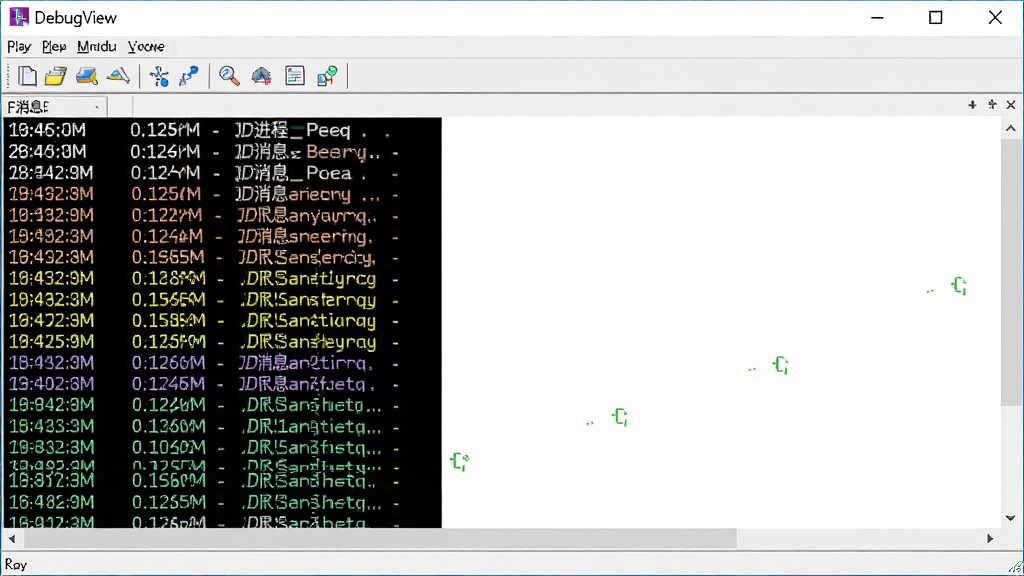 主体:DebugView软件运行界面,展示实时滚动的彩色日志条目;布局:日志列表占据主界面,顶部有工具栏按钮;排版:日志按时间顺序自上而下排列,不同级别用不同颜色区分;风格:简洁明快的Windows软件界面;细节:每条日志显示时间、进程、消息,界面中可见“DebugView”标题栏;画质:清晰,干净,无多余元素