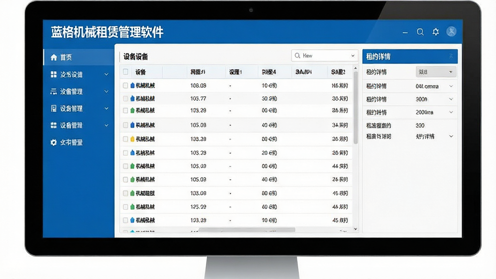 一张展示蓝格机械租赁管理软件主界面的电脑截图,界面布局清晰,左侧功能菜单,中间为设备列表,右侧为租约详情,整体风格商务简洁,色彩以蓝白为主,文字标注“蓝格机械租赁管理软件”,画面干净,高清晰度,无多余元素。