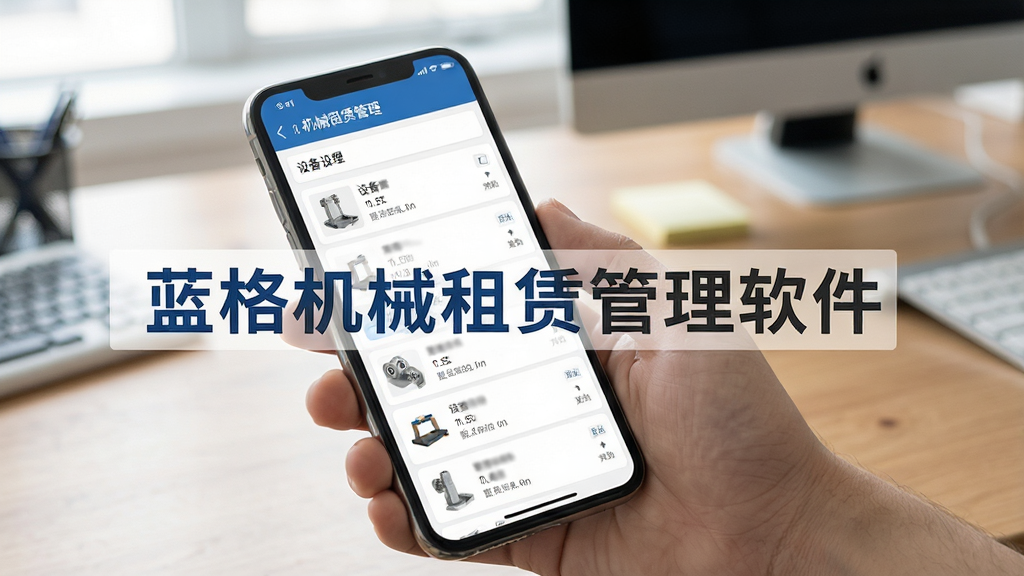 展示蓝格机械租赁管理软件在手机上的运行画面,手机屏幕显示设备列表,背景为办公桌面,画面清晰,布局简洁,文字标注“蓝格机械租赁管理软件”,画质干净,无多余元素。