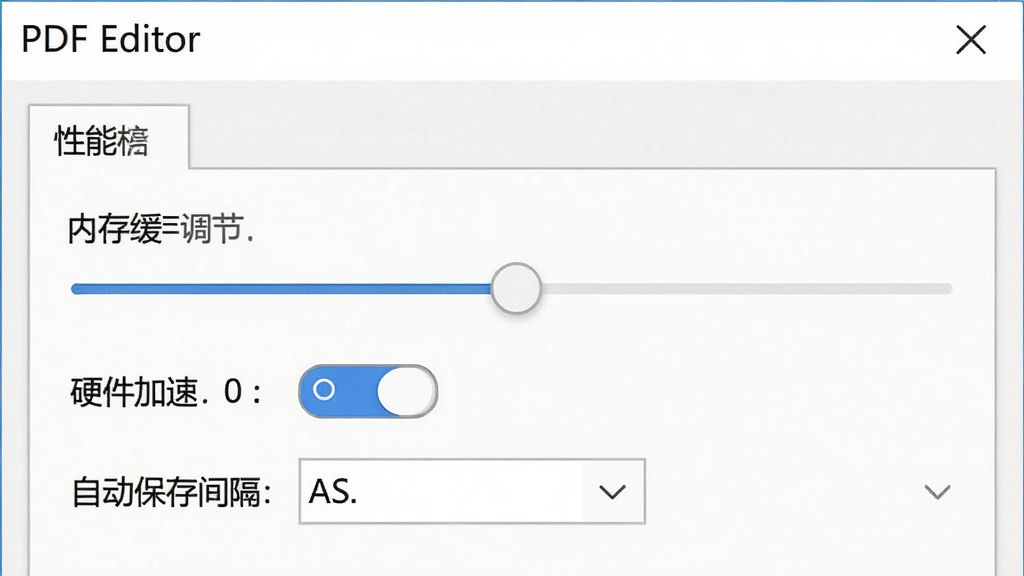 软件设置界面中一个“性能”选项卡,包含内存缓存调节滑块、硬件加速开关、自动保存间隔设置,界面清晰,风格简洁,画质干净,无多余元素,左上角有“PDF Editor”字样