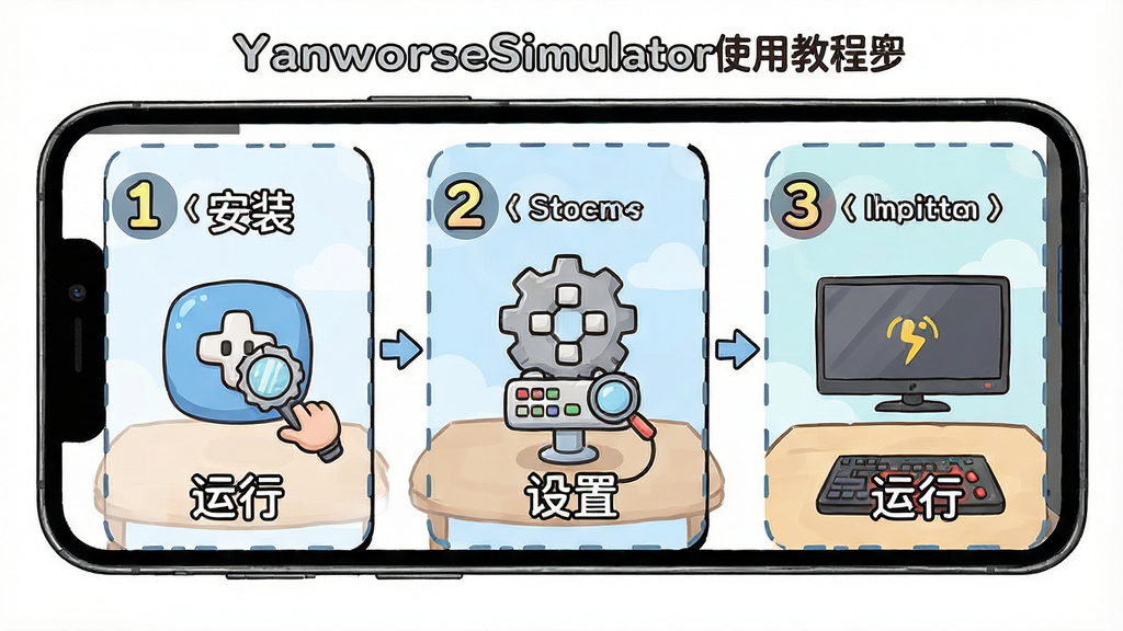 主体:YanworseSimulator使用教程步骤图,布局:手机屏幕分解步骤演示,排版:步骤序号清晰,风格:卡通插画风,细节:标注“安装”、“设置”、“运行”关键词,画质:高清,干净,无多余元素