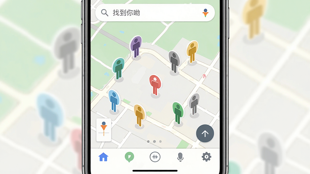 一张展示《找到你呦》主界面的高清截图,主体为手机屏幕内显示的地图定位页面,地图上带有多个彩色人形图标,布局居中,风格为扁平化UI设计,细节包括底部导航栏和顶部搜索框,画质清晰明亮,干净无多余元素