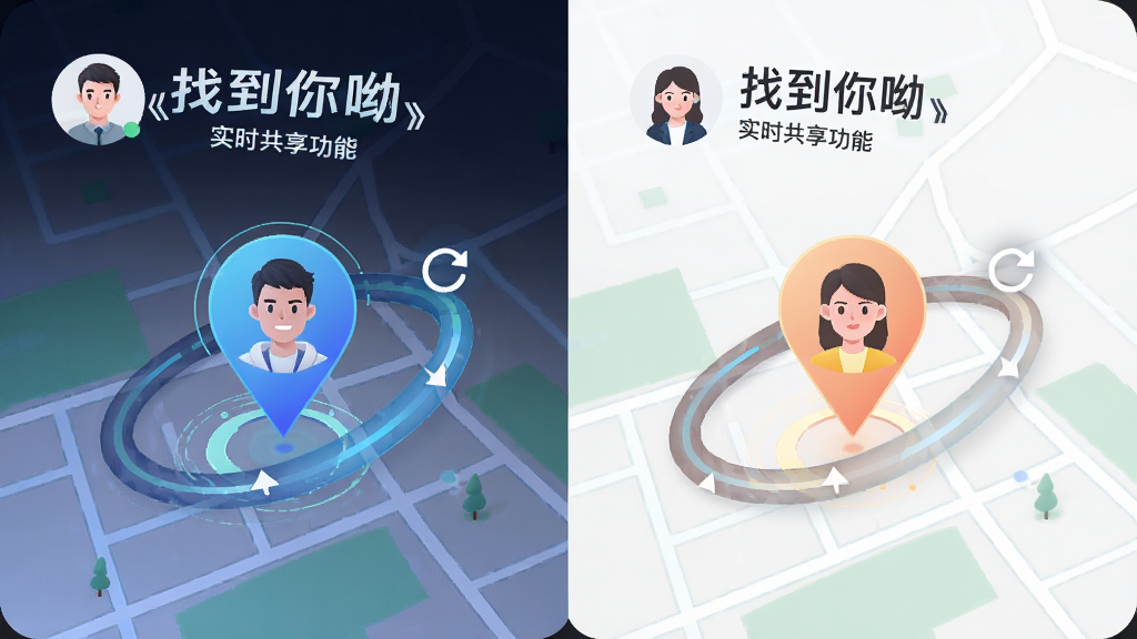 一张《找到你呦》实时共享功能的演示图,主体为两位用户在地图上的位置标记,布局为左右分屏对比,风格为现代科技感插画,细节包括动态移动轨迹线条和刷新图标,画质高清,背景干净无多余元素