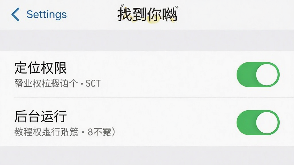 一张《找到你呦》在手机后台运行设置的教程截图,主体为手机设置界面中的应用权限管理页面,布局为列表形式,风格为系统界面截图风格,细节包括“定位权限”和“后台运行”开关处于开启状态,画质清晰,无多余元素