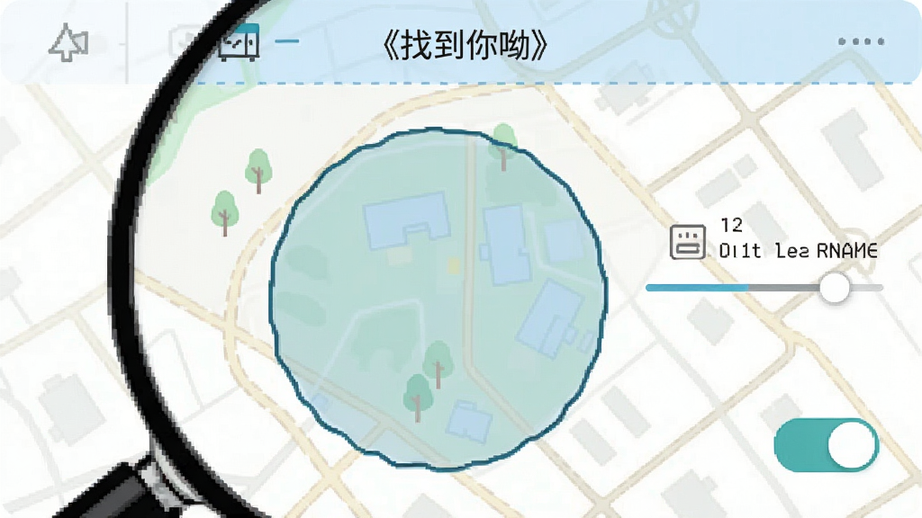 一张《找到你呦》电子围栏设置界面示意图,主体为地图上绘制的圆形围栏区域,布局为设置页面放大视图,风格为扁平化线框图标,细节包括围栏半径调节滑块和开关按钮,画质干净,背景简洁无杂物